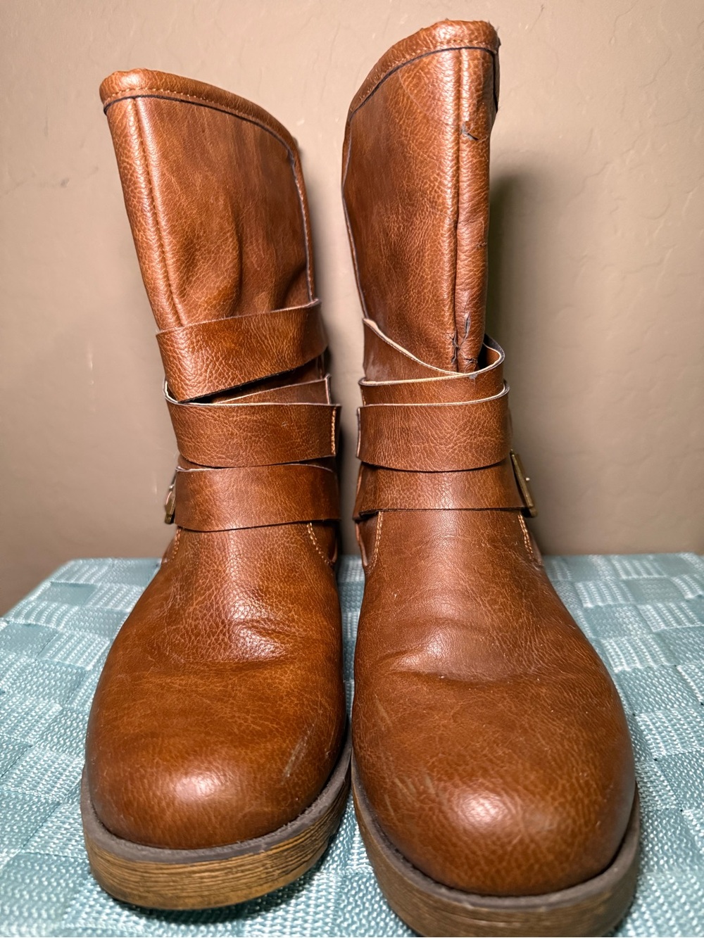 JustFab Women's Cognac Brown Mid-Calf Strap Boots